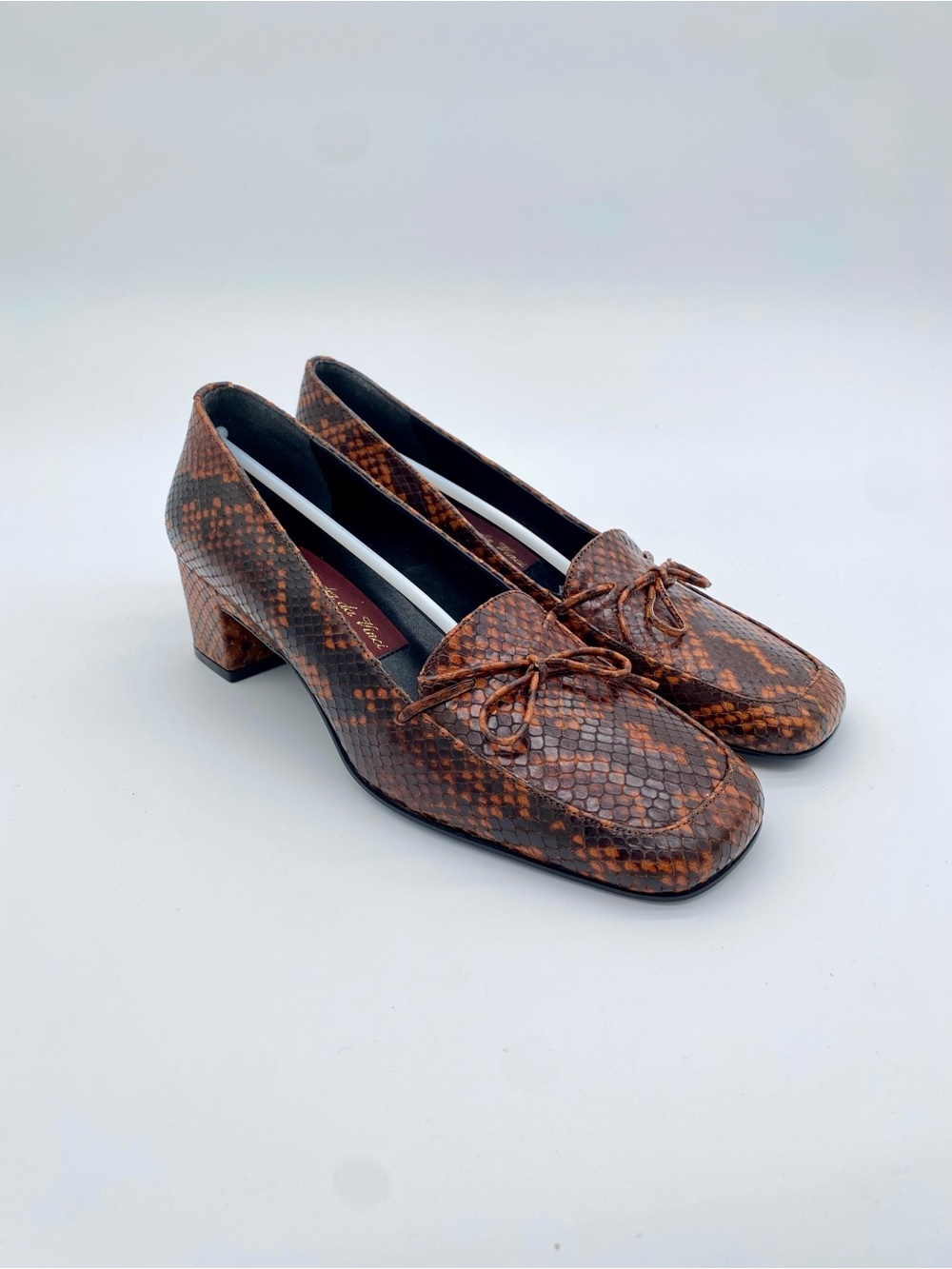 Brown Snake-Print Low Block Heel Loafers